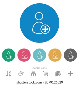 Move user outline flat white icons on round color backgrounds. 6 bonus icons included.
