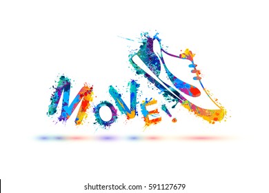 Move Vector sign. Sport shoe - sneakers. Splash paint