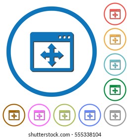 Move window flat color vector icons with shadows in round outlines on white background