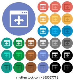 Move window multi colored flat icons on round backgrounds. Included white, light and dark icon variations for hover and active status effects, and bonus shades on black backgounds.
