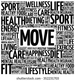 MOVE word cloud background, health concept