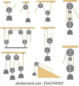 Moveable  Fixed Compound Pulley System  Collection , Simple Machine Examples. Education illustration