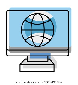 moved color electronic screen computer with global connection vector illustration