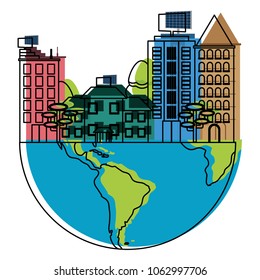 moved color global earth planet with buildings and house