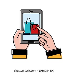 moved color man hand with smartphone and shopping online