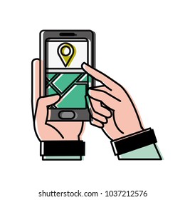 moved color man hands with smartphone connect in the gps map