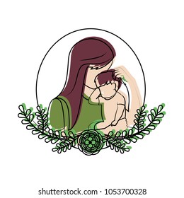 moved color mother with her son and leaves branches decoration