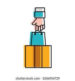 moved color open box with hand grabbing shopping bag