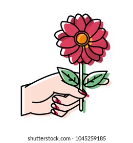 moved color woman hand with nice flower petals and leaves
