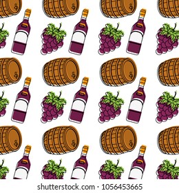 moved color wood barrel with bottle wine and grape fruit background