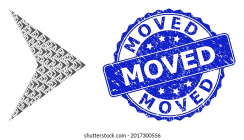 Moved grunge round stamp seal and vector recursion mosaic right direction. Blue seal includes Moved title inside circle shape. Vector mosaic is composed from randomized right direction pictograms.