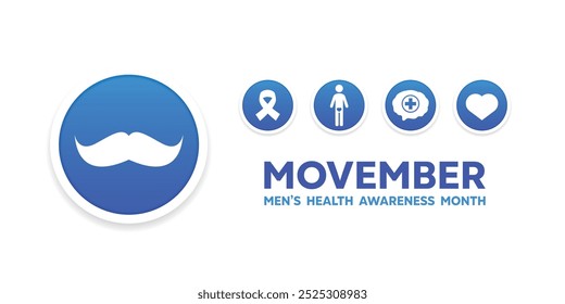 Mês da Consciência Movember. Bigode, fita, pessoas, cérebro e coração. Ótimo para cartões, banners, cartazes, mídias sociais e muito mais. Fundo branco.