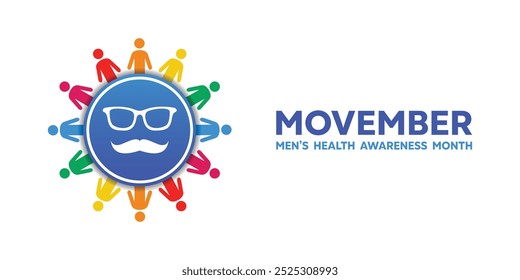 Mês da Consciência Movember. Povos, bigode e óculos. Ótimo para cartões, banners, cartazes, mídias sociais e muito mais. Fundo branco.