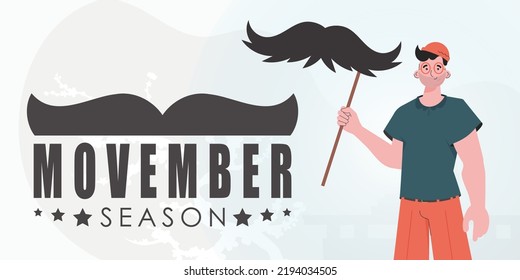 Movember banner. The guy is holding his mustache on a stick. Trendy cartoon style. Vector illustration.