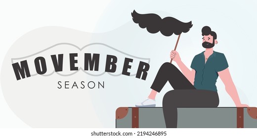 Movember Banner. A Man Holds A Mustache On A Stick. Cartoon Style. Vector.