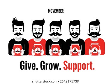 Movember campaign, men holding jars, give grow support