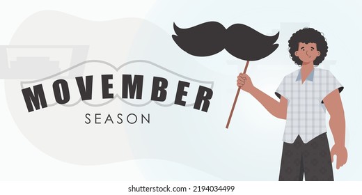 Afiche de Movember. Un hombre sostiene un bigote sobre un palo. Estilo de caricatura. Ilustración vectorial.