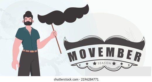 Movember poster. A man holds a mustache on a stick. trendy style. Vector.