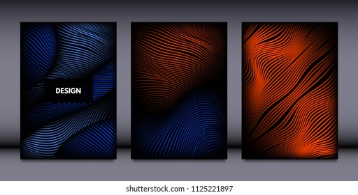 Movement. Abstract Backgrounds. Trendy Wave Lines with Gradient n Futuristic Style. Volume Effect. Distortion of 3d Shapes. Cover Templates Set with Movement for Presentation, Poster, Brochure. EPS.