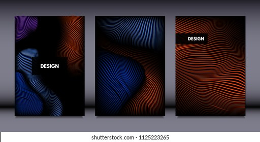 Movement. Abstract Backgrounds. Trendy Wave Lines with Gradient n Futuristic Style. Volume Effect. Distortion of 3d Shapes. Cover Templates Set with Movement for Presentation, Poster, Brochure. EPS.