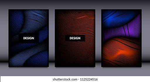 Movement. Abstract Backgrounds. Trendy Wave Lines with Gradient n Futuristic Style. Volume Effect. Distortion of 3d Shapes. Cover Templates Set with Movement for Presentation, Poster, Brochure. EPS.