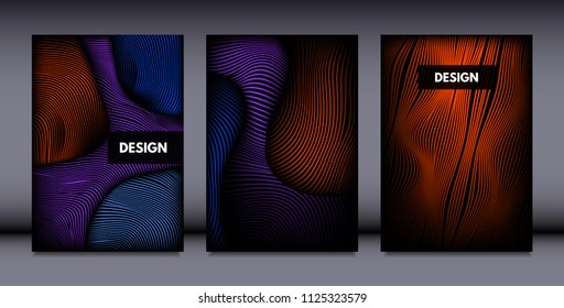 Movement. Abstract Backgrounds. Trendy Wave Lines with Gradient n Futuristic Style. Volume Effect. Distortion of 3d Shapes. Cover Templates Set with Movement for Presentation, Poster, Brochure. EPS.