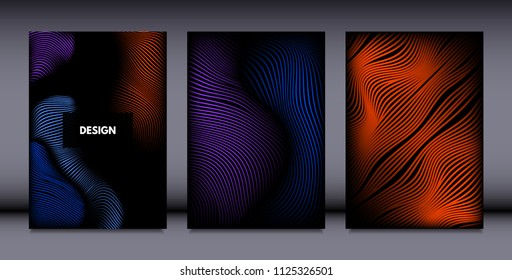Movement. Abstract Backgrounds. Trendy Wave Lines with Gradient n Futuristic Style. Volume Effect. Distortion of 3d Shapes. Cover Templates Set with Movement for Presentation, Poster, Brochure. EPS.