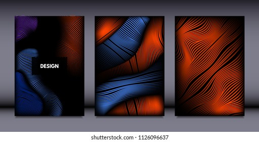 Movement. Abstract Backgrounds. Trendy Wave Lines with Gradient n Futuristic Style. Volume Effect. Distortion of 3d Shapes. Cover Templates Set with Movement for Presentation, Poster, Brochure. EPS.
