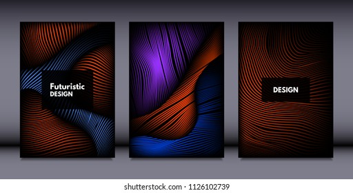 Movement. Abstract Backgrounds. Trendy Wave Lines with Gradient n Futuristic Style. Volume Effect. Distortion of 3d Shapes. Cover Templates Set with Movement for Presentation, Poster, Brochure. EPS.