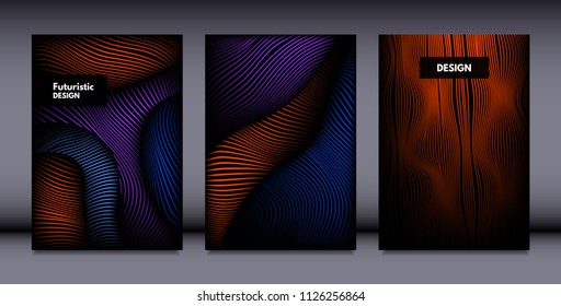 Movement. Abstract Backgrounds. Trendy Wave Lines with Gradient n Futuristic Style. Volume Effect. Distortion of 3d Shapes. Cover Templates Set with Movement for Presentation, Poster, Brochure. EPS.