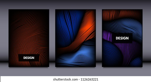 Movement. Abstract Backgrounds. Trendy Wave Lines with Gradient n Futuristic Style. Volume Effect. Distortion of 3d Shapes. Cover Templates Set with Movement for Presentation, Poster, Brochure. EPS.