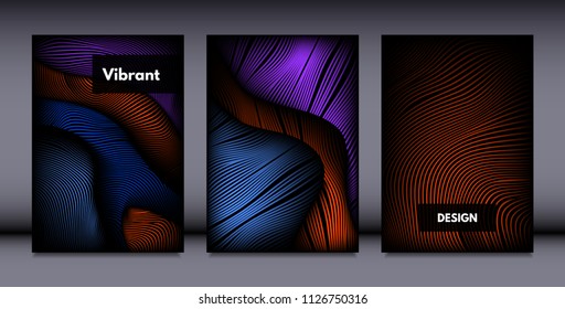 Movement. Abstract Backgrounds. Trendy Wave Lines with Gradient n Futuristic Style. Volume Effect. Distortion of 3d Shapes. Cover Templates Set with Movement for Presentation, Poster, Brochure. EPS.