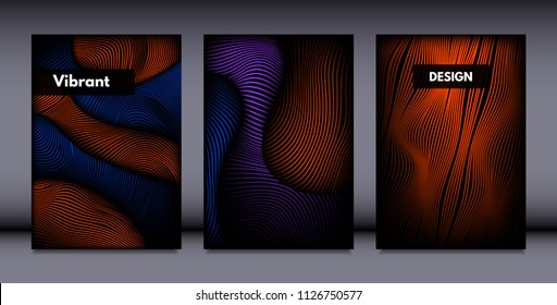 Movement. Abstract Backgrounds. Trendy Wave Lines with Gradient n Futuristic Style. Volume Effect. Distortion of 3d Shapes. Cover Templates Set with Movement for Presentation, Poster, Brochure. EPS.