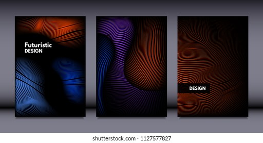 Movement. Abstract Backgrounds. Trendy Wave Lines with Gradient n Futuristic Style. Volume Effect. Distortion of 3d Shapes. Cover Templates Set with Movement for Presentation, Poster, Brochure. EPS.