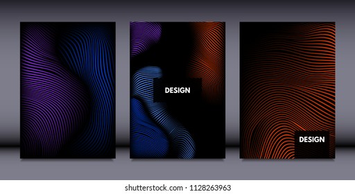Movement. Abstract Backgrounds. Trendy Wave Lines with Gradient n Futuristic Style. Volume Effect. Distortion of 3d Shapes. Cover Templates Set with Movement for Presentation, Poster, Brochure. EPS.