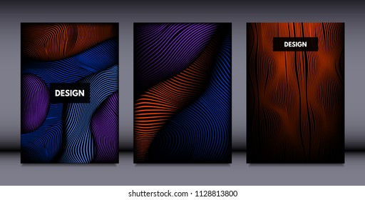 Movement. Abstract Backgrounds. Trendy Wave Lines with Gradient n Futuristic Style. Volume Effect. Distortion of 3d Shapes. Cover Templates Set with Movement for Presentation, Poster, Brochure. EPS.