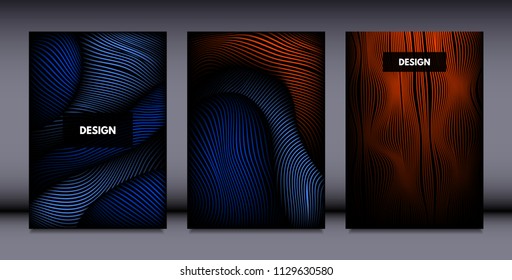 Movement. Abstract Backgrounds. Trendy Wave Lines with Gradient n Futuristic Style. Volume Effect. Distortion of 3d Shapes. Cover Templates Set with Movement for Presentation, Poster, Brochure. EPS.