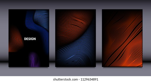 Movement. Abstract Backgrounds. Trendy Wave Lines with Gradient n Futuristic Style. Volume Effect. Distortion of 3d Shapes. Cover Templates Set with Movement for Presentation, Poster, Brochure. EPS.