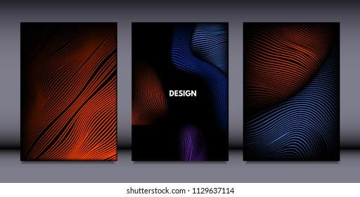 Movement. Abstract Backgrounds. Trendy Wave Lines with Gradient n Futuristic Style. Volume Effect. Distortion of 3d Shapes. Cover Templates Set with Movement for Presentation, Poster, Brochure. EPS.