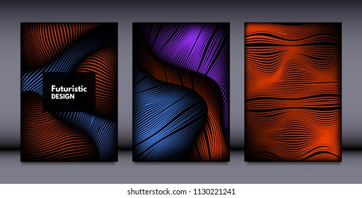 Movement. Abstract Backgrounds. Trendy Wave Lines with Gradient n Futuristic Style. Volume Effect. Distortion of 3d Shapes. Cover Templates Set with Movement for Presentation, Poster, Brochure. EPS.