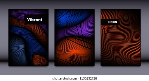 Movement. Abstract Backgrounds. Trendy Wave Lines with Gradient n Futuristic Style. Volume Effect. Distortion of 3d Shapes. Cover Templates Set with Movement for Presentation, Poster, Brochure. EPS.