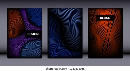 Movement. Abstract Backgrounds. Trendy Wave Lines with Gradient n Futuristic Style. Volume Effect. Distortion of 3d Shapes. Cover Templates Set with Movement for Presentation, Poster, Brochure. EPS.