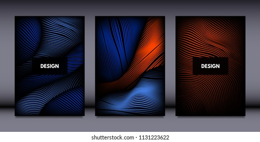 Movement. Abstract Backgrounds. Trendy Wave Lines with Gradient n Futuristic Style. Volume Effect. Distortion of 3d Shapes. Cover Templates Set with Movement for Presentation, Poster, Brochure. EPS.