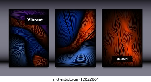 Movement. Abstract Backgrounds. Trendy Wave Lines with Gradient n Futuristic Style. Volume Effect. Distortion of 3d Shapes. Cover Templates Set with Movement for Presentation, Poster, Brochure. EPS.