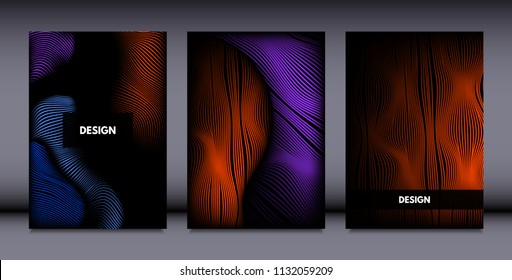 Movement. Abstract Backgrounds. Trendy Wave Lines with Gradient n Futuristic Style. Volume Effect. Distortion of 3d Shapes. Cover Templates Set with Movement for Presentation, Poster, Brochure. EPS.