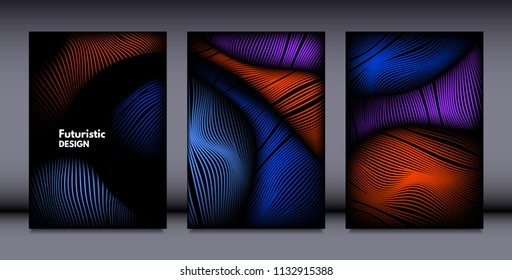 Movement. Abstract Backgrounds. Trendy Wave Lines with Gradient n Futuristic Style. Volume Effect. Distortion of 3d Shapes. Cover Templates Set with Movement for Presentation, Poster, Brochure. EPS.