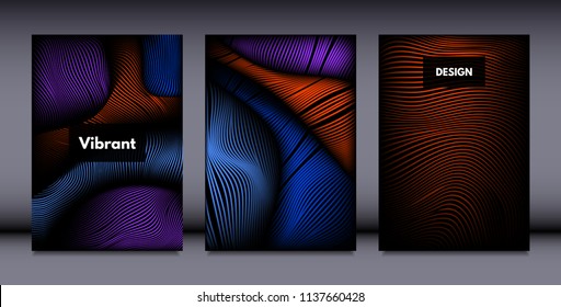 Movement. Abstract Backgrounds. Trendy Wave Lines with Gradient n Futuristic Style. Volume Effect. Distortion of 3d Shapes. Cover Templates Set with Movement for Presentation, Poster, Brochure. EPS.