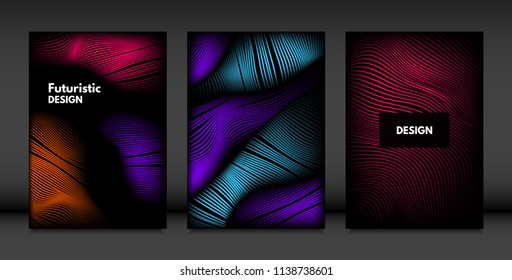 Movement. Abstract Backgrounds. Trendy Wave Lines with Gradient n Futuristic Style. Volume Effect. Distortion of 3d Shapes. Cover Templates Set with Movement for Presentation, Poster, Brochure. EPS.