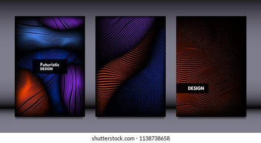 Movement. Abstract Backgrounds. Trendy Wave Lines with Gradient n Futuristic Style. Volume Effect. Distortion of 3d Shapes. Cover Templates Set with Movement for Presentation, Poster, Brochure. EPS.