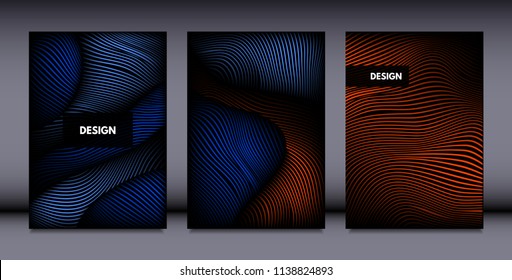 Movement. Abstract Backgrounds. Trendy Wave Lines with Gradient n Futuristic Style. Volume Effect. Distortion of 3d Shapes. Cover Templates Set with Movement for Presentation, Poster, Brochure. EPS.